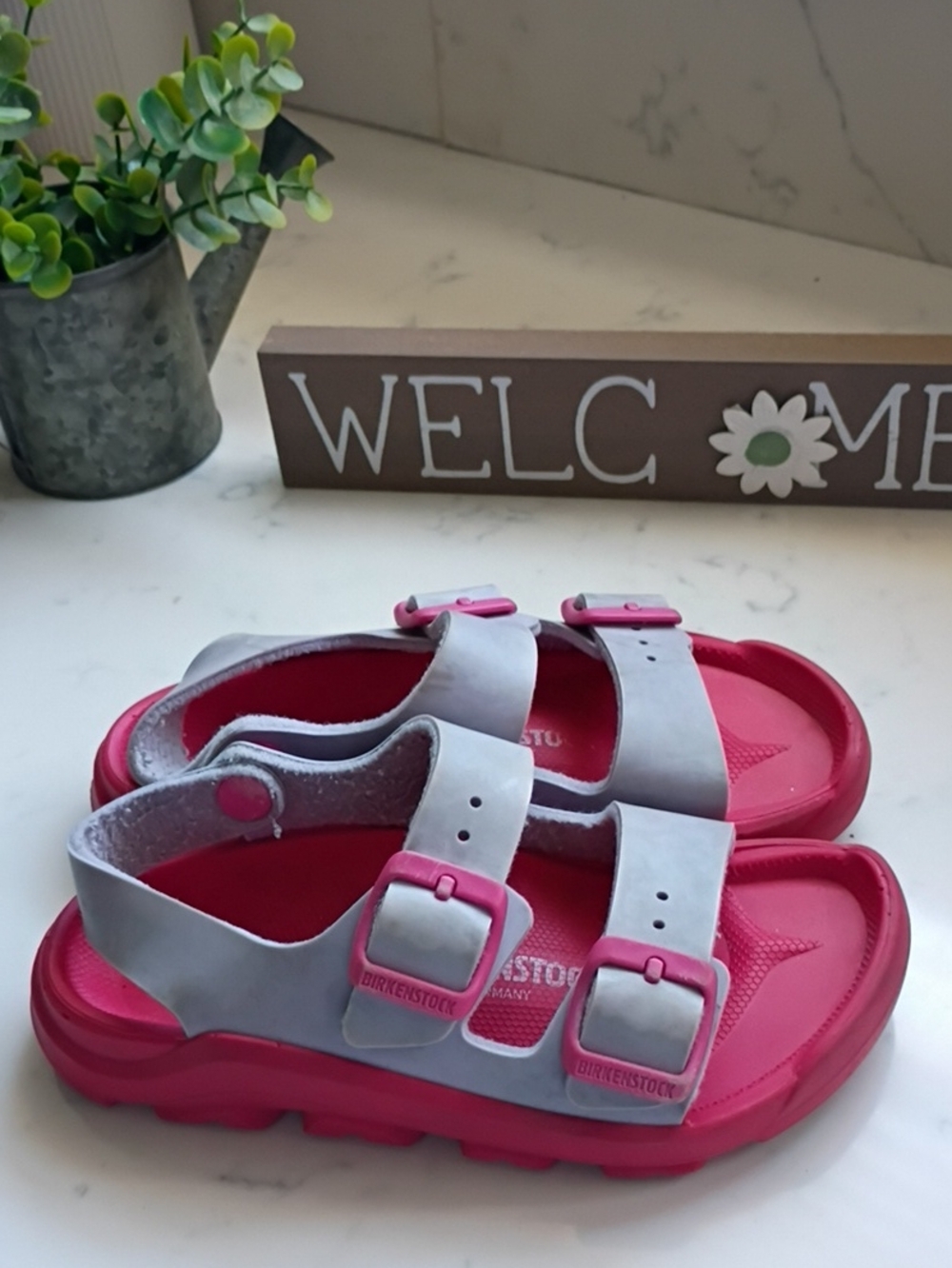 Birkenstock Kids Pink and Light Gray Two-Strap Sandals